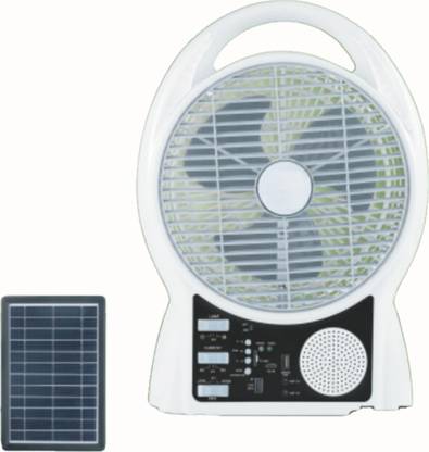 Rhobos Solar-Powered Fan with LED Lamp, Bluetooth, FM Radio & USB Type C Rechargeable 3 Blade Table Fan