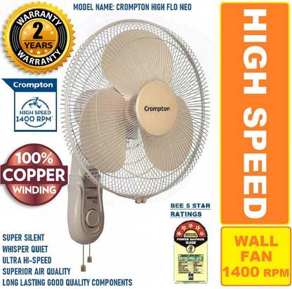 Crompton HIGH SPEED Wall Fan for home 100% COPPER Silent Operation LONGER LIFE10 5 Star 400 mm 3 Blade Wall Fan