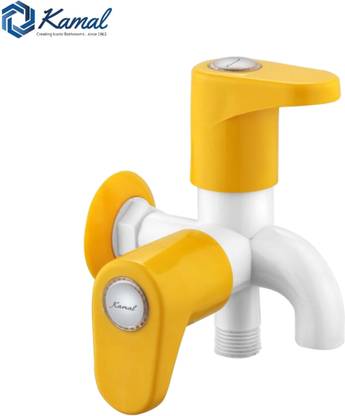 KAMAL Two way Bib Tap Amarillo with Wall Flange (PTMT Plastic Faucet) | Ivory & Yellow Colour | Cold Water Only Twin Elbow Valve Faucet