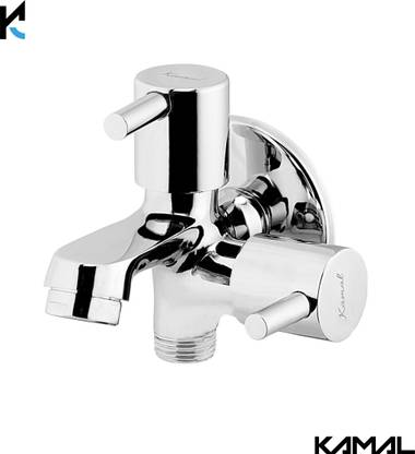 KAMAL Two way Bib tap Elite | Aerator & Std 1/2'' BSP Outlet for health faucet washing machine | Std 1/2'' BSP Inlet | Passion Bib Cock 2 Way Brass with Wall Flange Twin Elbow Valve Faucet