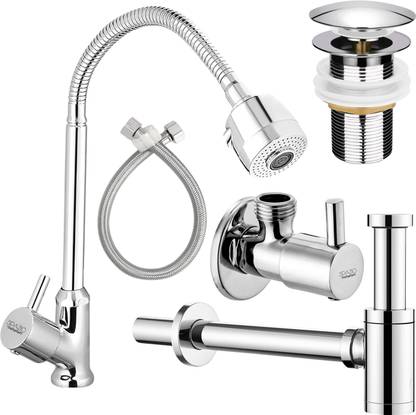 Spazio Turbo Brass Swan Neck With 360 Degree Swivel Spout, Angle Valve With Flange, 24 Inch Connection Pipe, Bottle Trap & 3 Inch Pop Up Waste Coupling for Wash Basin Pillar Tap Faucet