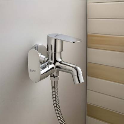 RUHE Onyx Brass Bib Cock Two Way Double Handle Faucet/Tap with Wall Flange For Bathroom & garden areas | Chrome Finish Bib Tap Faucet