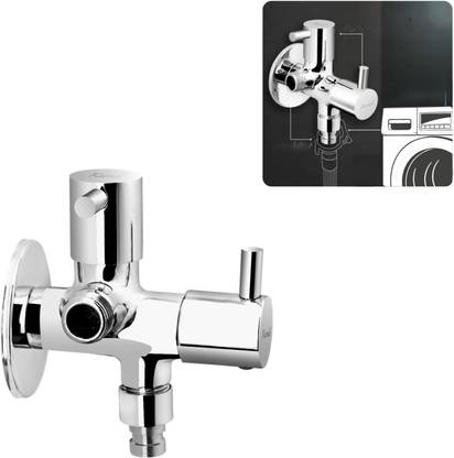 KAMAL Two Way Angle Valve FLT (WIth Washing Machine Adaptor) | Full Brass Quarter Turn Movement | Second Outlet is Standard 1/2 Inch BSP Thread Twin Elbow Valve Faucet