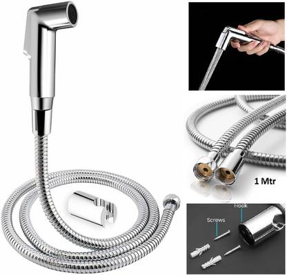 KURIC ABS Health Faucet with 1 M Flexible SS Hose Pipe & Wall Hook Chrome Finish Sink Sprayer, Easy Grip, Leak Proof, Wash Bidet Jet Spray For Toilet, Bathroom Health Faucet