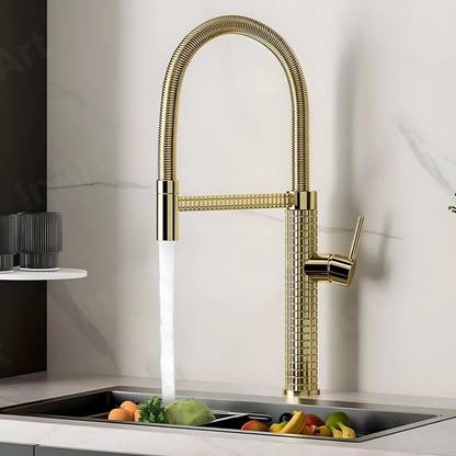 InArt by Inart Designer Brass Single Handle High Arc Spring Pull Out Kitchen Sink Faucet Gold Finish, 360 Swivel, Hot & Cold Water Mixer with Pull Down Kitchen Mixer Faucet