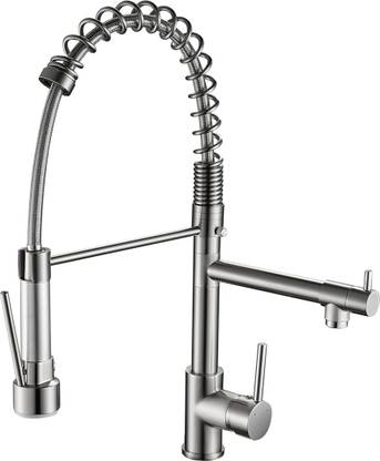 Fossa Kitchen Tap with Two Spouts, Spring 360° Pivot Pull Down Kitchen Sink Mixer Tap Stainless Steel Commercial Kitchen Sink Tap with 2 Mode, Kitchen Faucet (Silver) Kitchen Mixer Faucet
