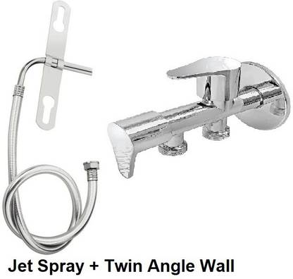 fastgear by Fastgear 2way/twin Angle Wall with Jet Spray Fitting for Bathroom/Kitchen/Garden Toilet Jet Hands-free Spray Flat Nozzle 1m Heavy PVC Hose Faucet Set Twin Elbow Valve Faucet