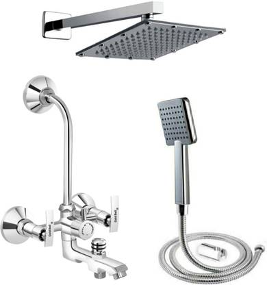 Gold Bell Premium Quality (BR083IN2R87) Brass 3 In 1 Bathroom Wall Mixer Set 1 ( Silver) Bathroom 3 in 1 Wall Mixer Set|6x6"Inch Sandwich Shower Head |15"In SS Arm Mixer Faucet