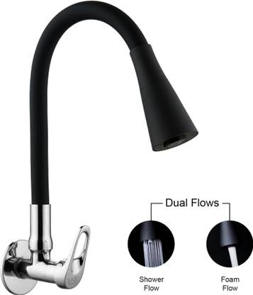 Spazio Hexa Brass Kitchen Sink Cock Tap/Sink Tap Faucet With Black 360 Degree Flexible Silicon Swivel Spout & Dual Flow Pattern For Hot OR Cold Water With Wall Flange Pillar Tap Faucet