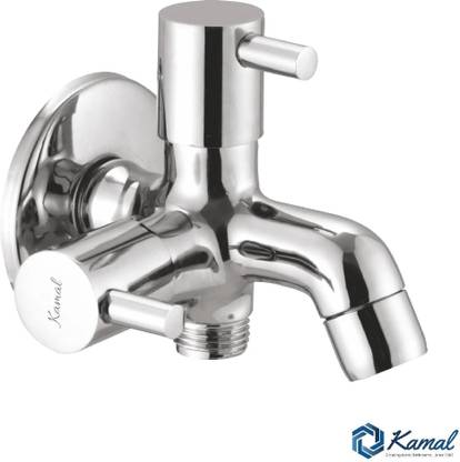 KAMAL Two way Bib Tap FLT Prime Novo| Brass Build | MIrror Finish Two Water Outlet | Aerator and 1/2 inch BSP Male thread Twin Elbow Valve Faucet
