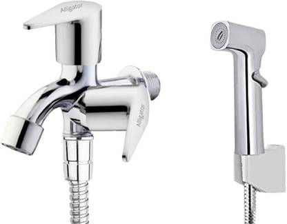 Alligator Jharna 2 in 1 Angle Cock Long Bib Tap Brass Disc Fitting for Bathroom/ Kitchen Toilet with Hand Shower/Faucet Set 1.5 Flexible Steel Tube, Hook (Set of 1) Health Faucet