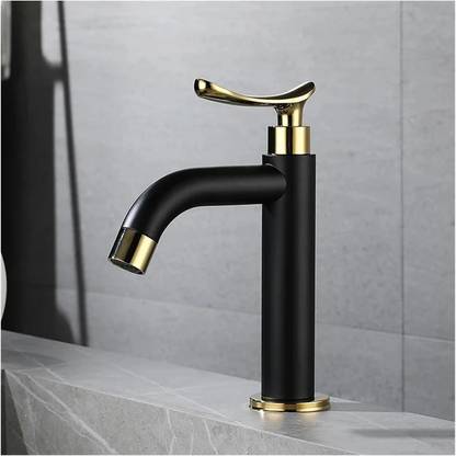 FLOWLET Basin Pillar Cock Tap Faucet for Wash Basin Gold & Matte Black Waterfall Bathroom Faucet - 7 inch Tall, Single Handle Faucet Pillar Tap Faucet