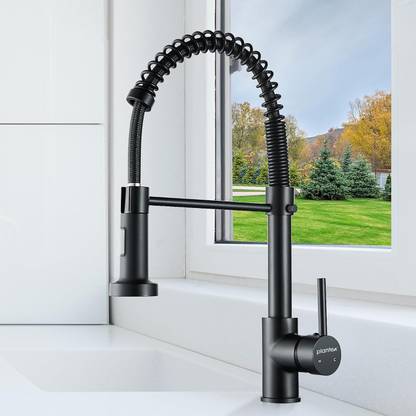 Plantex Brass single handle high arc spring pullout kitchen sink faucet/mixer tap (matt) (APS-8381,Black) Kitchen Mixer Faucet