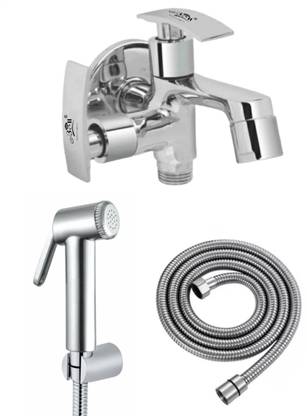 Gold Bell Brass 2 IN 1 Bib Tap With Abs Jqr Health Faucet Chrome Finish Silver ( Set 1 ) 1 Metre SS Tube and Wall Hook Combo ( Pack Of 1 ) Bib Tap Faucet
