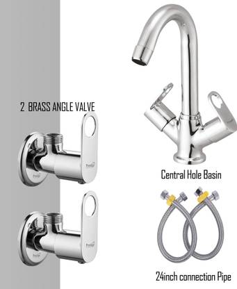Prestige Prime Central Hole Basin Mixture With Set of 2 Prime Brass Angle Valve and (Set of 2) 24inch connection Pipe With Teflon tape Kitchen Mixer Faucet