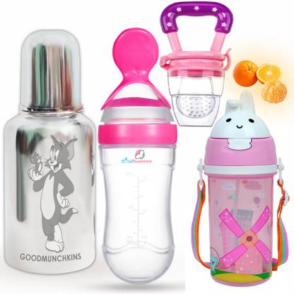 Goodmunchkins SS Feeding Bottle 300ml/Silica Spoon Feeder/Fruit Feeder/Sipper Bottle (4 Items)