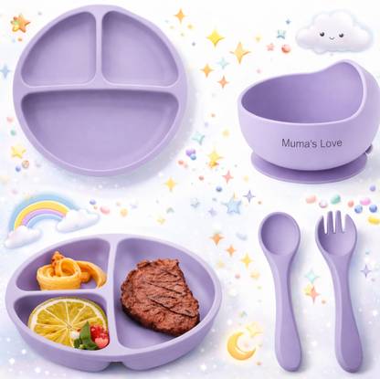 Muma's Love Premium Silicone Suction Feeding Set - Plate, Spoon & Fork Anti Slip & BPA Free  - Silicone