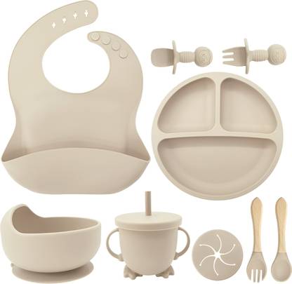 cubbycoo Beige bib,small cup,straw cup,bear fork and spoon  - Silicon