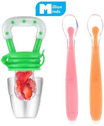 Millionminds 2pcs Baby Feeding Spoons & Teether for Kids Fruit Food Feeder (Combo Pack of 3)  - 100% Silicone Tip, BPA Free material with Food Grade Silicone tip