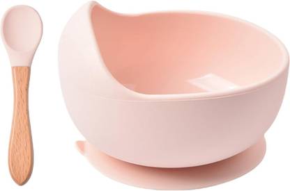 HENIJ Silicone Baby Feeding Bowl and Spoon Set, Suction Base and Wooden Spoon Kit  - Silicone