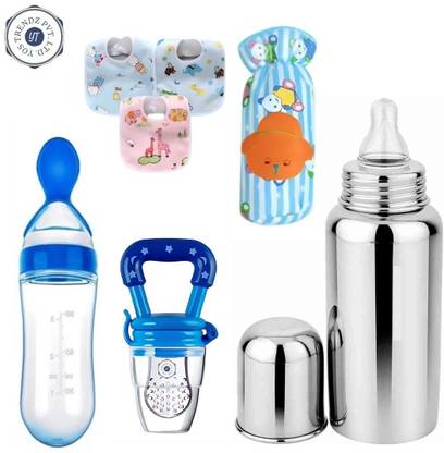 YOS TRENDZ Complete Baby Feeding Kit steel Bottle, Bibs,Food /fruit Feeder Bottle Cover  - Silicone