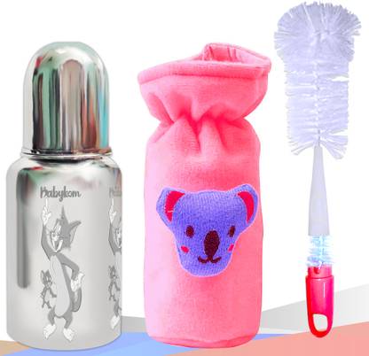 Babykom Stainless Steel Feeding Bottle/Velvet Bag/Nylone Brush (150ml) (3 Items)