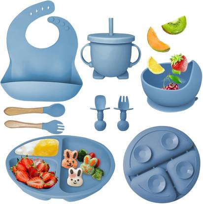 TREXEE Baby Feed 8 Pc Suction Bowl, Plate, Baby Spoon, Fork, Sippy Cup with Straw, Lid  - Silicone