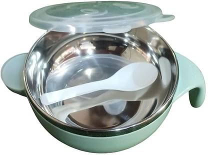 Yb Store Baby Steel Bowl with Spoon Set for Children  - stainless steel, polypropylene plastic, BPA Free