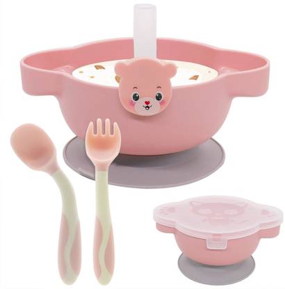 PATPAT Baby Silicone Suction Divided Plate with Cover, Fork, Spoons and Straws- Suction Cup Bowl, Set- Self Feeding for Toddler -Training Dinnerware 4-Piece Set - BPA Free  - plastic
