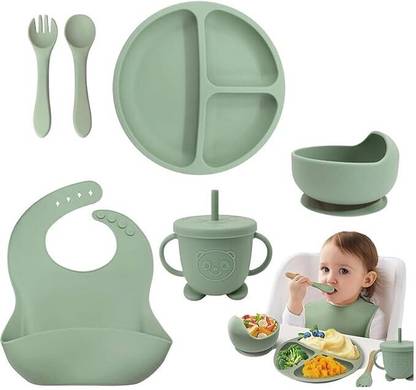 NIVKEZ 6 Pcs Silicone Baby Feeding Set with Suction Plate, Bowl, Cup, Spoon, Fork, Bib  - BPA Free -Silicone