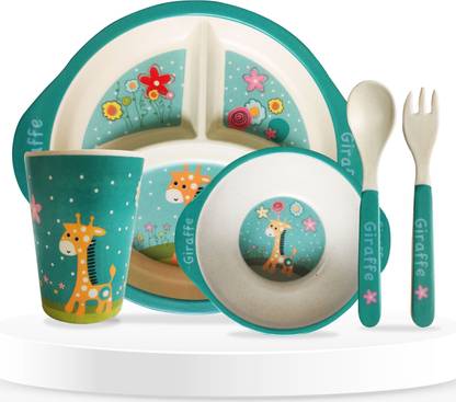 Bembika Baby Self Feeding Dinnerware Dinner Set Bamboo Fiber Utensils For Kids -(Blue)  - Bamboo Fiber