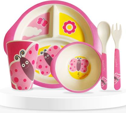 Bembika Baby Self Feeding Dinnerware Dinner Set Bamboo Fiber Utensils For Kids -(Pink)  - Bamboo Fiber