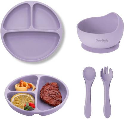 TONY STARK Baby Feeding Set for Kids,Toddler | Silicone 4 Pieces Tableware Kit  - Suction Plate, Feeding Bowl, Spoon & Fork, BPA Free -Silicone