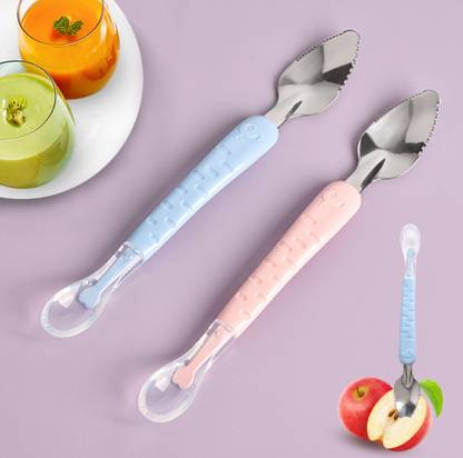 Saraswati kart Multi-Use Double Head Fruit Scraping & Soft Tip Feeding Spoon for Toddlers  - Silicone, Stainless Steel