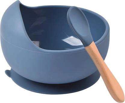openZest Silicone Baby self feeding Bowl and Wooden Handle Spoon for Baby  - Silicone