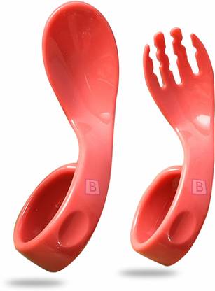 Bembika Baby Silicone Training Spoon Curved Spoon, Baby Spoon and Fork Set (Red Color).  - Plastic