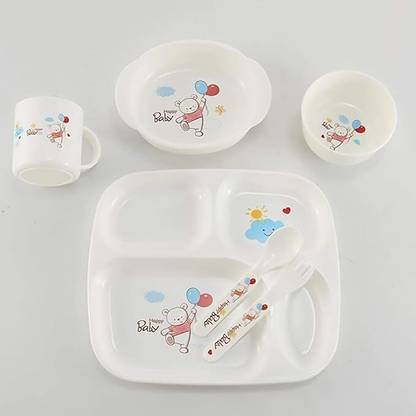 STHITI 6 in 1 Kids Feeding Set | Divided Plate with Bowl/Cup/Fork & Spoon  - Polypropylene