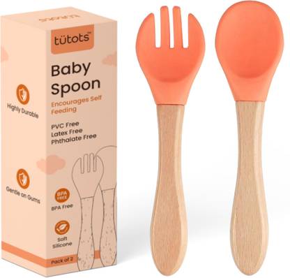 tutots Premium Silicone Wood Spoon & Fork Set BPA Free PVC Free  - Silicone, Wood
