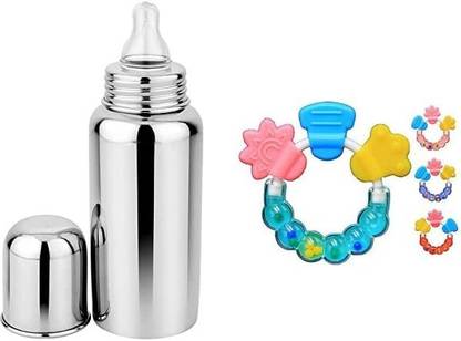 Aabhir Traders Feeding Bottle for Baby Stainless Steel with Baby rattles Teether Comb Pack of 2  - Stainless Steel, Silicone