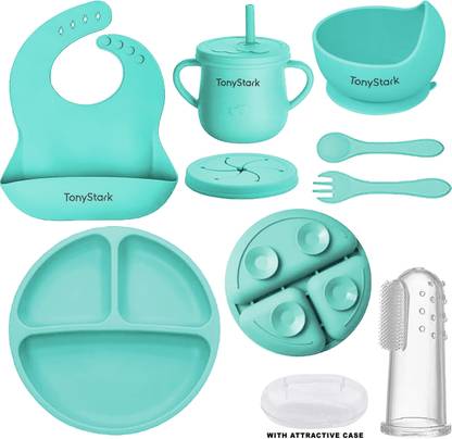 TONY STARK 6 Pcs Silicone Baby Feeding Set, Tableware Kit  - Feeding Bowl, Suction Plate, Cup, Spoon, Fork & Bib for Kids, Toddler - Silicone