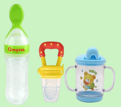 Garysee Baby Sipper - 240ml | Food & Fruit Feeding Spoon Bottle - 90ml, Pacifier,Teether  - Silicone