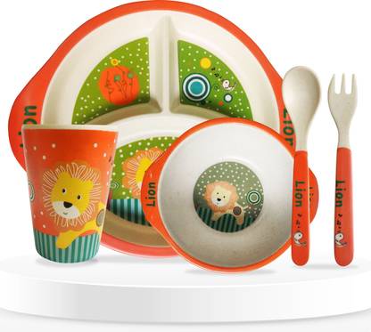 Bembika Baby Self Feeding Dinnerware Dinner Set Bamboo Fiber Utensils For Kids -(Red)  - Bamboo Fiber