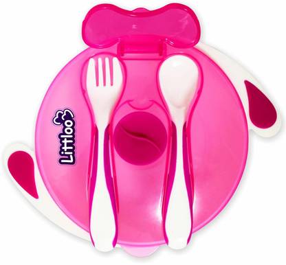 Littloo Feeding Bowl with Fork & Spoon | Suction Cup for Hassle-Free Feeding | for Kids  - Plastic