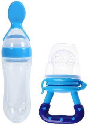 Saraswati kart Baby Food Feeder Bottle With Spoon And Silicone Fruit Nibler With Free Bibs 2pcs  - Silicon, BPA Free