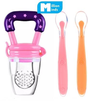 Millionminds 2pcs Baby Feeding Spoons & Teether for Kids Fruit Food Feeder (Combo Pack of 3)  - 100% Silicone Tip, BPA Free material with Food Grade Silicone tip