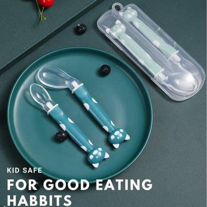 MOMSCAPE Silicone Baby Spoon Set Self Feeding Curve Spoon Soft Tip with Storage Box  - Cutlery Set, 4 M+, BPA Free, 2pcs, Silicone, Plastic