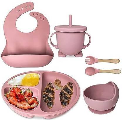 PEEPER Silicone Baby Feeding Set, Complete 6-Piece Baby Led Weaning Set -Pink  - Silicone