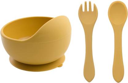 GUCHIGU Baby Feeding Bowl , Spoon & Fork Set with Suction Base Made of 100% BPA Free  - Silicone