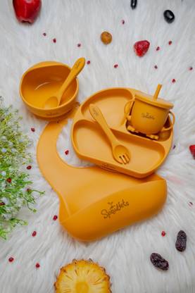 Sproutlets Baby Feeding Set BPA Free Baby Weaning 6pcs Plate Bowl Bib Cup Silicone (Yellow)  - Silicone