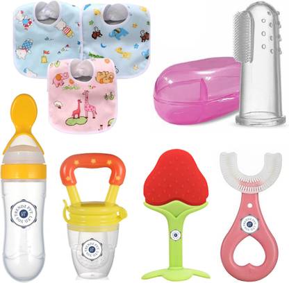 YOS TRENDZ Baby Fruit Feeder, Teether, Finger Brush, Bibs & Spoon Feeder Pack of 8  - Silicon